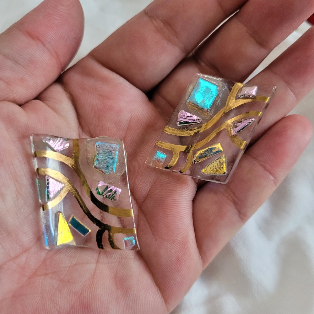 Vintage Dichroic Art Glass Geometric Wave Earrings OOAK Handmade